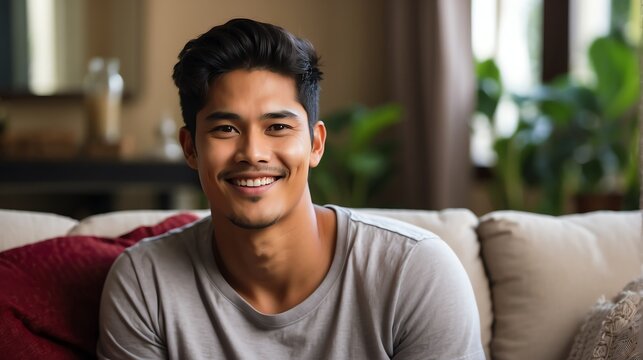 Attractive millenial filipino model guy on cozy home living room looking happy at camera from Generative AI