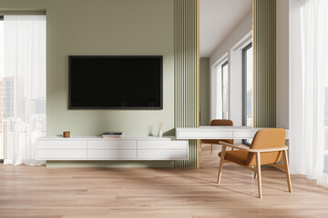 Home living room interior with beauty table, tv screen and panoramic window