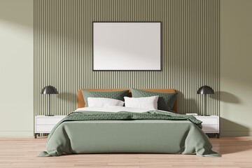Green master bedroom interior with bed and horizontal poster