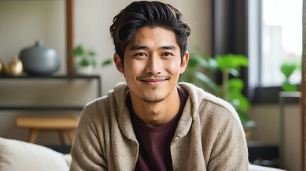 Attractive millenial japanese model guy on cozy home living room looking happy at camera from Generative AI