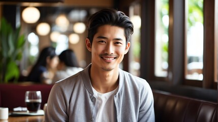 Obraz premium Attractive millenial japanese model guy on cozy restaurant looking happy at camera from Generative AI