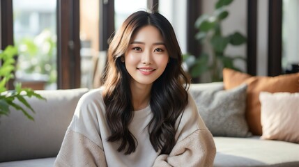 Attractive millenial korean model girl on cozy home living room looking happy at camera from Generative AI