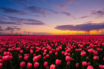 Netherlands. A field of tulips during sunset. Rows on the field. Landscape with flowers during sunset. Photo for wallpaper and background. - 749252500