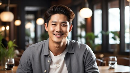 Attractive millenial korean model guy on cozy restaurant looking happy at camera from Generative AI