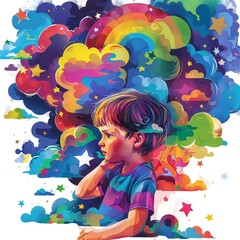 Obraz na płótnie Canvas World autism awareness day. colorful background. Medical flat illustration. Health care ,banner or poster of World autism awareness day. boy on colorful rainbow background