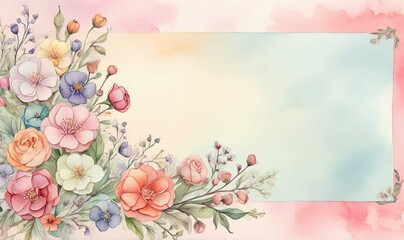 Greeting card. watercolor illustration of a large space for a note with colorful tiny ranunclus flowers on a soft pastel background with a hint of floral pattern.