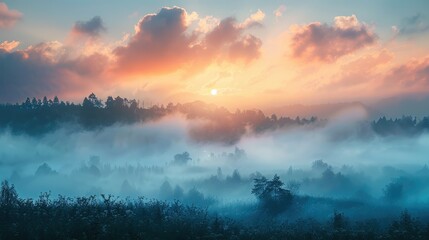 Natural landscape, sunrise, fog. Generative AI.