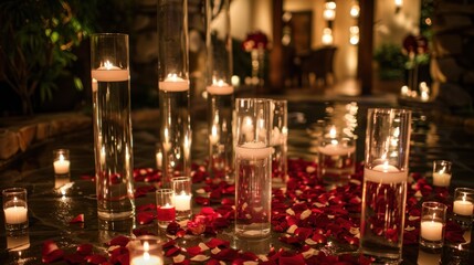 Fototapeta na wymiar Romantic Candlelight Ambiance with Rose Petals by a stunning floral display