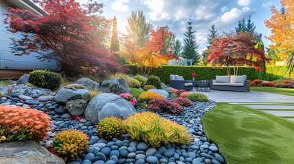 View of colorful trees and decorative trimmed bushes rocks. Path in the garden. Beautiful backyard...