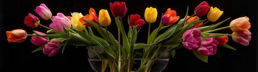 Naklejka premium Spring Tulips Arrangement: Visualize a vibrant display of tulips in a spectrum of spring colors--pinks, yellows, reds, and purples