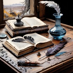 A historical writing set, featuring quills and ink bottles, sits by a window casting natural light on an open book. It's a scene straight from a classic novel.