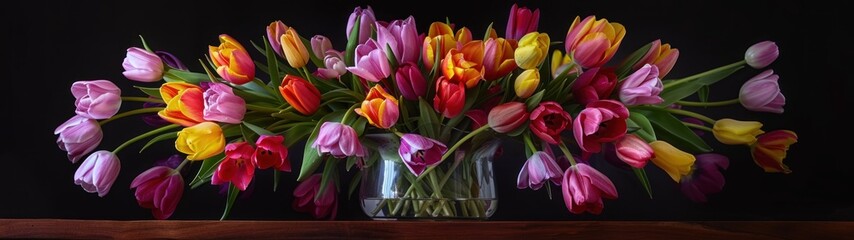 Obraz premium Spring Tulips Arrangement: Visualize a vibrant display of tulips in a spectrum of spring colors--pinks, yellows, reds, and purples