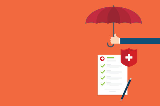 Medical healthcare insurance. Red shield on patient protection policy and pen protected with umbrella.