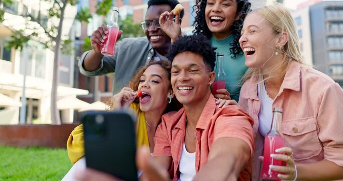 College student, friends and selfie at picnic in park with smile for eating fruit, drink or relax at campus. Men, women and gen z group on grass for funny memory, photography or app for social media