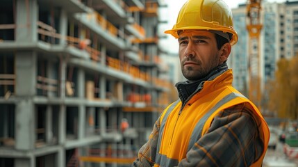 Construction worker wearing a yellow safety vest and hard hat with construction in the background. Generative AI.