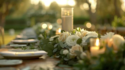 Poster Table Settings with Floral Centerpieces: Imagine long, wooden banquet tables adorned with runner-style centerpieces composed of eucalyptus garlands intertwined with white roses © peera