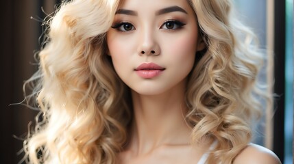 Fototapeta premium Attractive blonde haired asian woman with elegant hairstyle and light make up with long eye lashes from Generative AI