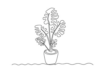 House plant monstera single continuous line drawing vector illustration. Premium vector