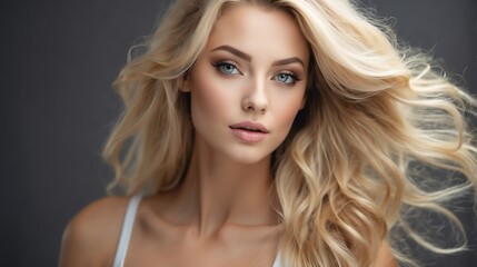 Naklejka premium Attractive blonde model woman with straight flying hair and light make up with long eye lashes from Generative AI