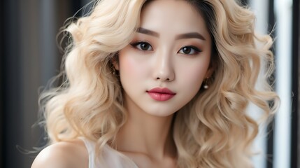 Fototapeta premium Attractive blonde haired korean woman with elegant hairstyle and light make up with long eye lashes from Generative AI