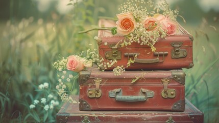 Vintage Suitcase Floral Arrangement: Picture a stack of vintage suitcases, with the top one open and displaying a carefully arranged selection of roses