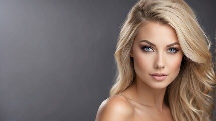 Naklejka premium Attractive blonde model woman with straight flying hair and light make up with long eye lashes from Generative AI