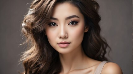 Naklejka premium Attractive brown haired Asian woman with modern, trendy and elegant hairstyle and light make up with long eye lashes from Generative AI
