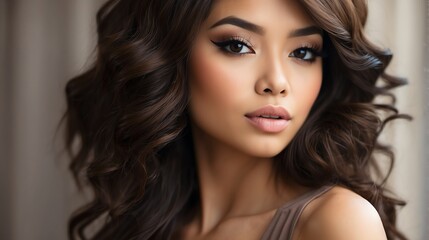 Fototapeta premium Attractive brown haired filipina woman with modern, trendy and elegant hairstyle and light make up with long eye lashes from Generative AI