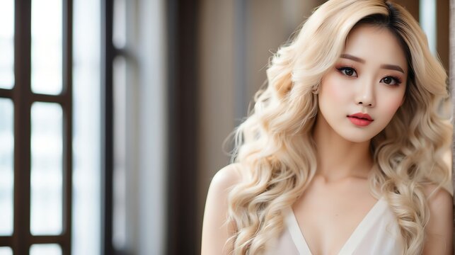 Attractive blonde haired korean woman with elegant hairstyle and light make up with long eye lashes from Generative AI