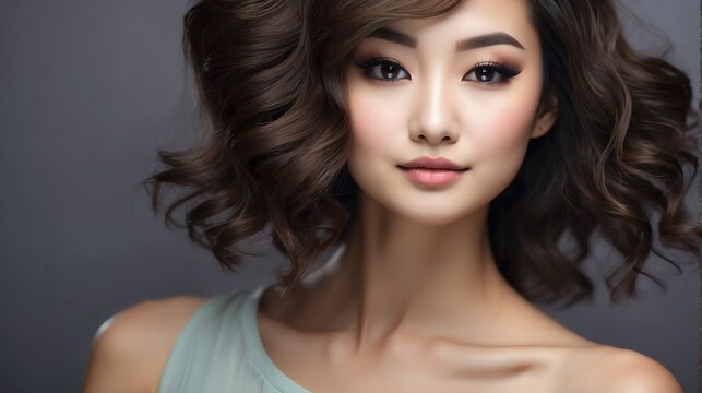 Attractive brown haired Asian woman with modern, trendy and elegant hairstyle and light make up with long eye lashes from Generative AI