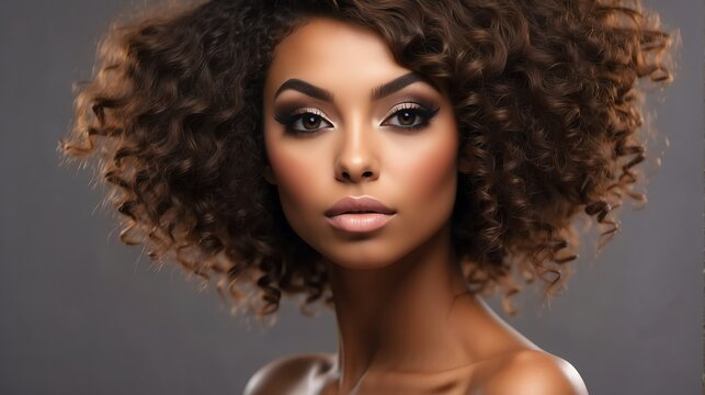Attractive brown haired african woman with modern, trendy and elegant hairstyle and light make up with long eye lashes from Generative AI