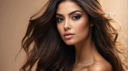 Fototapeta premium Attractive hispanic model woman with straight flying hair and light make up with long eye lashes from Generative AI