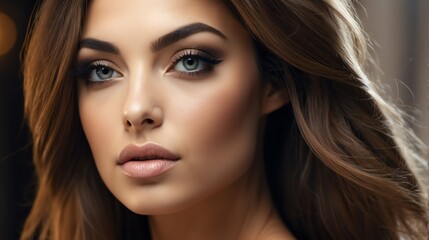 Fototapeta premium Attractive italian model woman with straight flying hair and light make up with long eye lashes from Generative AI