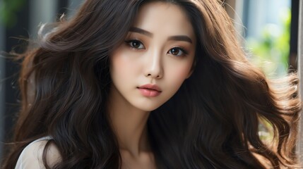 Naklejka premium Attractive korean model woman with straight flying hair and light make up with long eye lashes from Generative AI