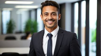 Fototapeta premium Happy employee business immigrant man corporate lawyer with formal suit in office background looking at camera from Generative AI
