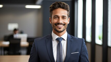 Fototapeta premium Happy employee business man corporate lawyer with formal suit in office background looking at camera from Generative AI
