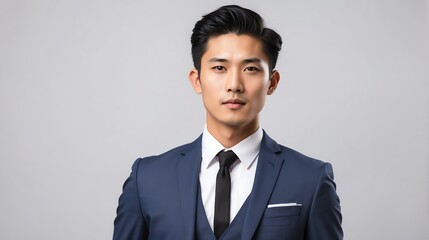 Stylish handsome attractive charming young asian man in suit and tie on plain white background from Generative AI