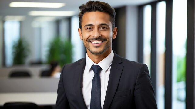 Happy employee business immigrant man corporate lawyer with formal suit in office background looking at camera from Generative AI