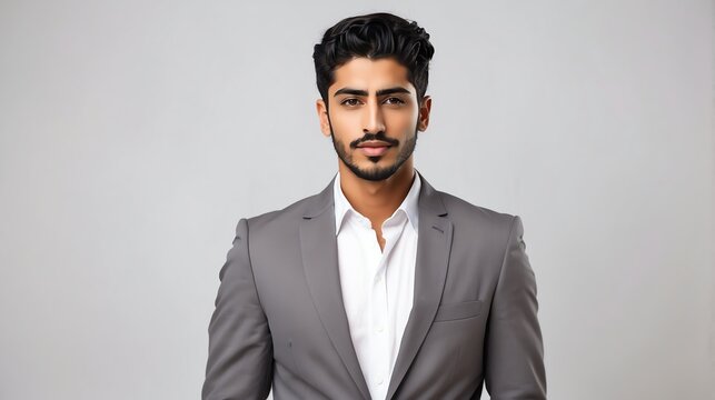 Stylish handsome attractive charming young arab man in suit and tie on plain white background from Generative AI