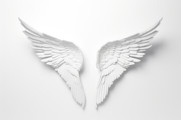 Angelic White Wings Isolated. Sculptural white plaster wings on a pure white background, conveying a sense of peace and angelic grace.