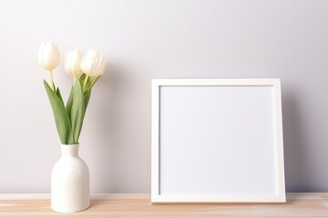Empty frame mock-up with white tulips in a vase on a light background. White Frame and Tulips Interior Mock-up