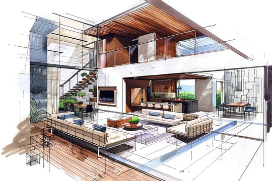 Modern house interior sketch. A simple drawing to imagine your future apartment. Generative ai