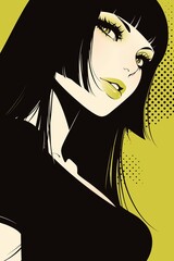 Timeless Elegance: Halftone Vector Illustration of Japanese Woman in Fashionable Black Clothes, Sporting Iconic 60s-70s Makeup and Film Noir Vibes