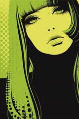 Fashion Icon: Manga-Influenced Halftone Vector Art of Elegant Japanese Woman, Long Chartreuse Hair, Donning Stylish 60s-70s Makeup and Film Noir Attire