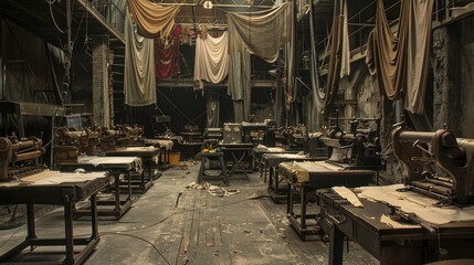 les miserables, background setting for theater, workplace, sets of sewing machines on long tables together with fabric and needles and sewing tools, sewing factory, messy ground  - obrazy, fototapety, plakaty