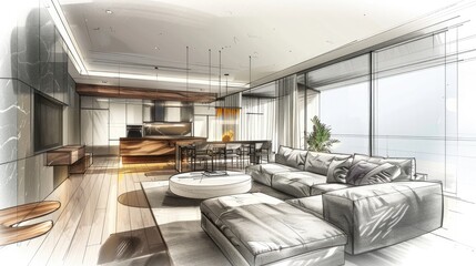 Modern house interior sketch. A simple drawing to imagine your future apartment. Generative ai