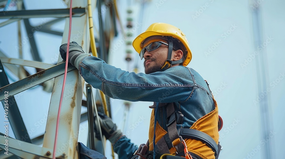 Aufkleber worker work on high altitude equipment in power transmission between towers. generative ai.