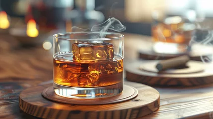Fotobehang Brandy or whiskey in clear glass with ice cubes. Alcoholic beverages are placed on wooden coasters. Bar drink concept Cigarettes or cigars placed in the ashtray. 3D rendering. Generative AI © Hokmiran