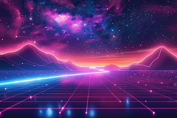 Interstellar Design: Cyberpunk-Inspired Background, Cosmic Stars with Geometric Square, Complemented by Curved Blue and Purple Tracks