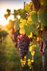 Fototapeta premium Ripe wine grapes on Wine farm during a sunset warm light.